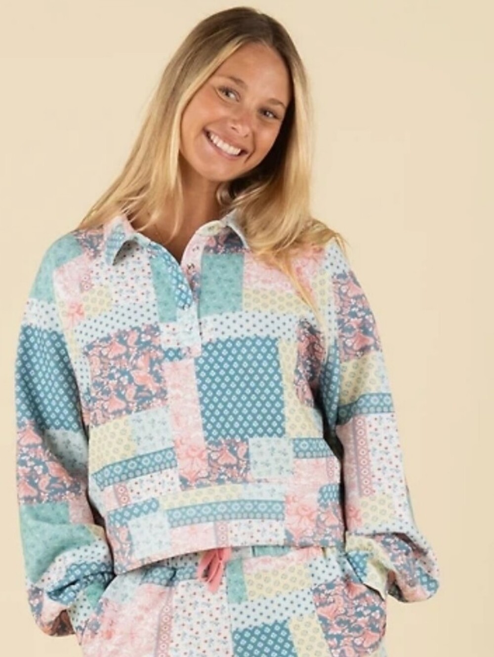 Simply Southern Quilt Patch Lux Pullover Polo Cottagecore Crop Preppy Patchwork